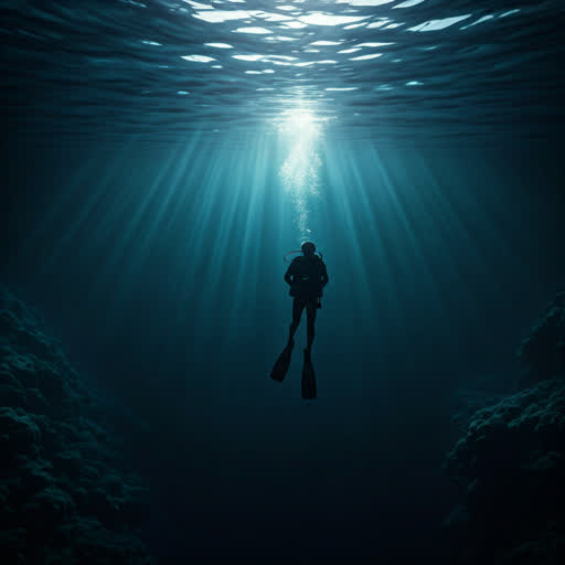 A silhouetted scuba diver descending into deep blue water, low-key cinematic atmosphere.