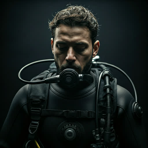 Moody black-and-white editorial portrait of Aiman, a professional diver.