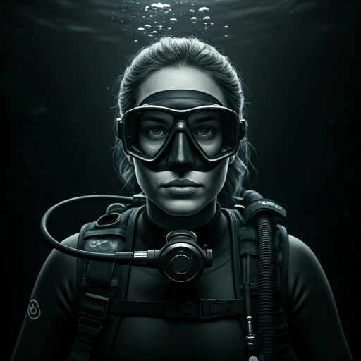 Striking black-and-white close-up portrait of Dewi, a dive leader.