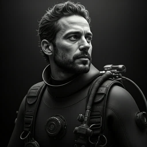Black-and-white architectural portrait of Faiz, a technical diving expert.