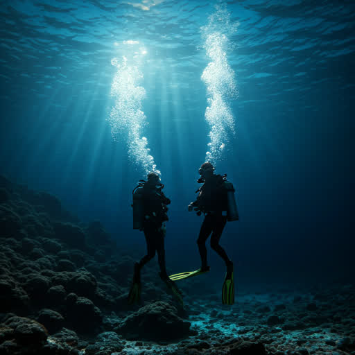 Cinematic underwater silhouettes of a scuba instructor and students at a training site.