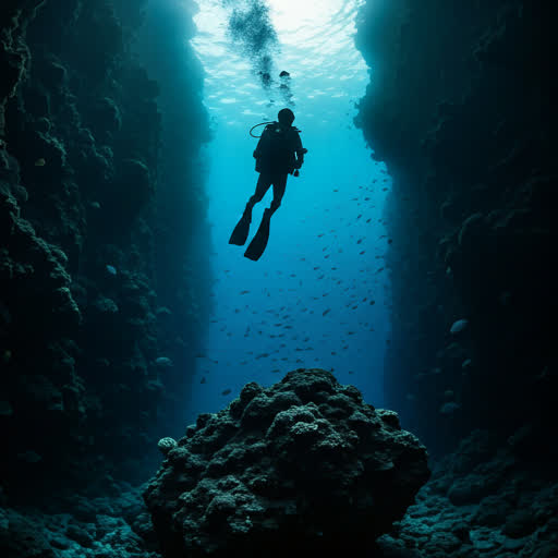 Silhouetted diver exploring a deep pinnacle in moody underwater light.