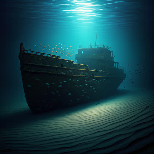 Hauntingly beautiful shipwreck resting on the sandy ocean floor in deep blue.