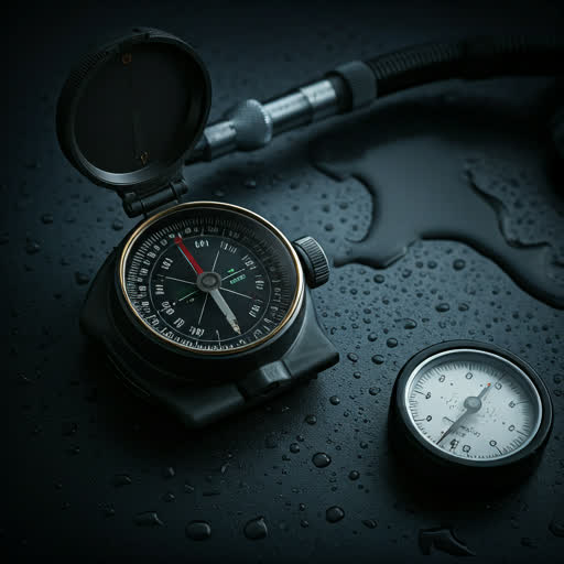 Editorial dive-equipment layout: professional compass, gauges, tools.
