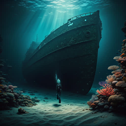 Massive barnacle-encrusted shipwreck resting in deep blue, low-key cinematic.