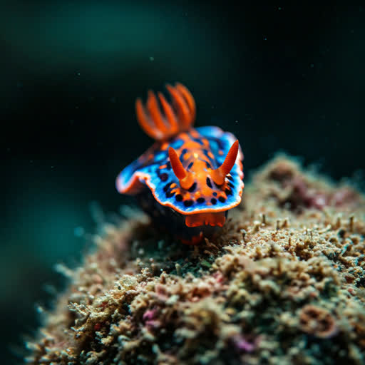 Macro photograph of a vibrant nudibranch with intricate texture on coral.