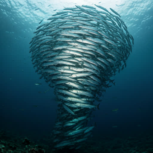 Vortex of thousands of silver barracuda swirling in the deep blue.