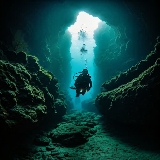 A scuba diver navigating a narrow cave swimthrough at depth.