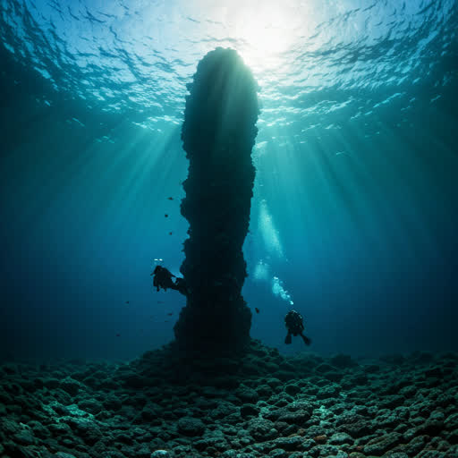 A massive limestone pinnacle rising from deep blue water in cinematic low-key light.