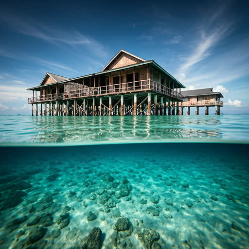 Stilted water village of Kapalai standing over white sand banks in Borneo.