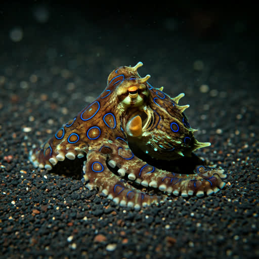 Macro photograph of a rare blue-ring octopus camouflaged at Mabul.