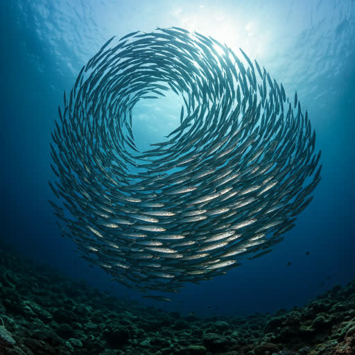 Barracuda tornado spiralling in the deep blue waters off Sipadan.