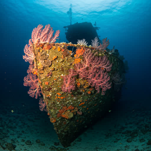 Atmospheric wreck dive off the Sarawak coast, hull encrusted in soft coral.