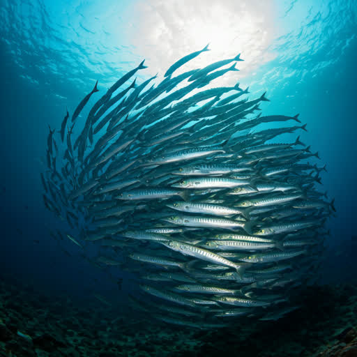 Schooling barracuda forming a wide-angle vortex in Tioman waters.