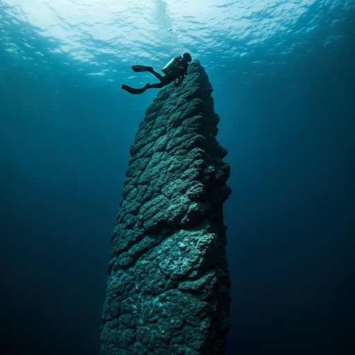 A lone diver silhouetted against a massive granite pinnacle in Tioman's deep blue.