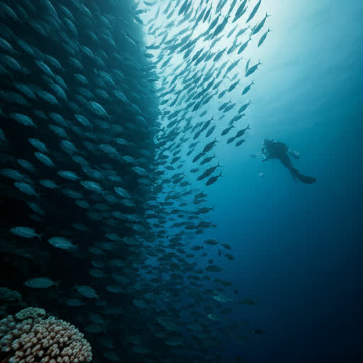 Vertical wall dive at Sipadan with thousands of swirling jackfish.