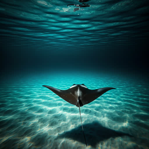A manta ray gliding through a Maldivian channel in brilliant blue water.
