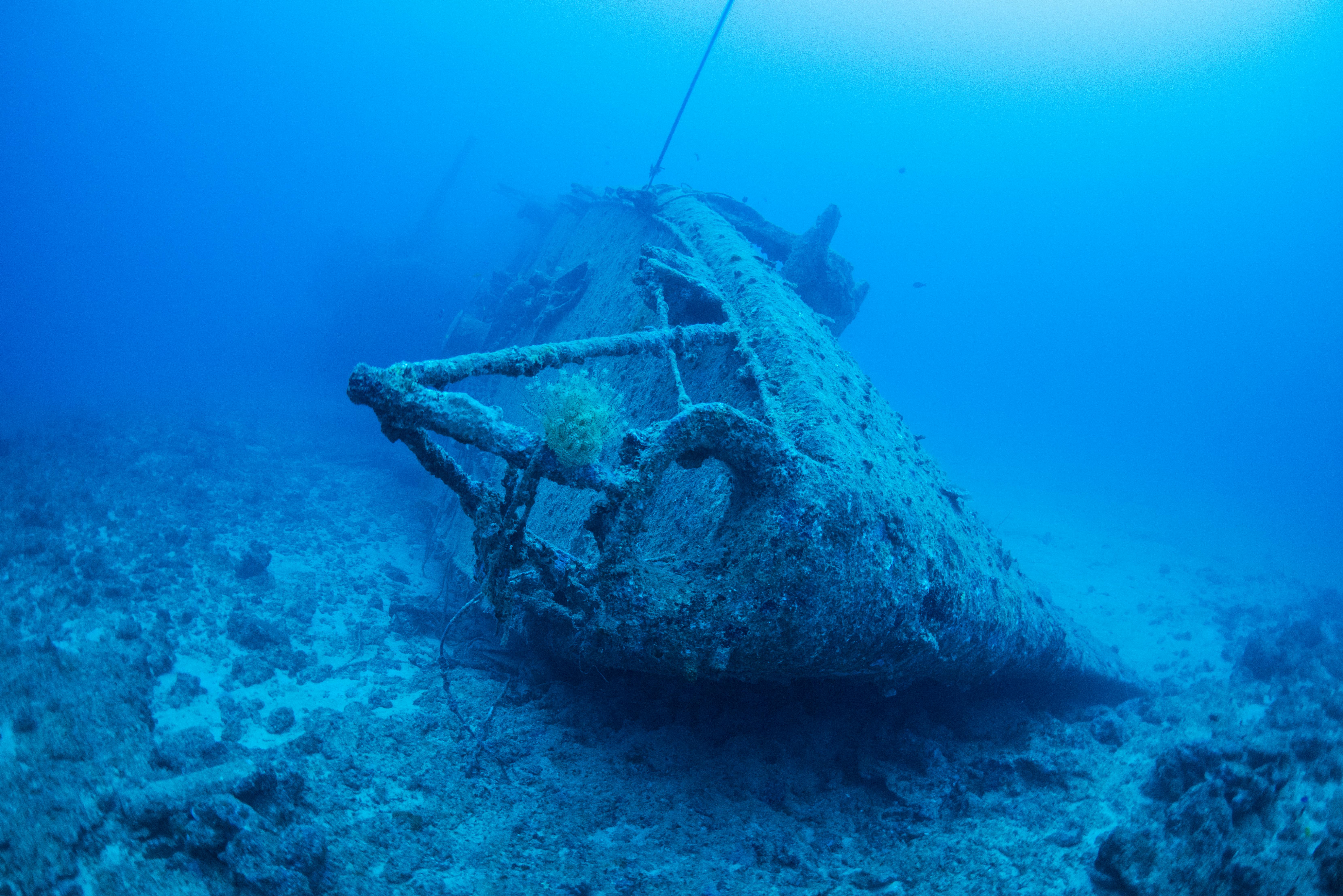 Massive barnacle-encrusted shipwreck resting in deep blue, low-key cinematic.